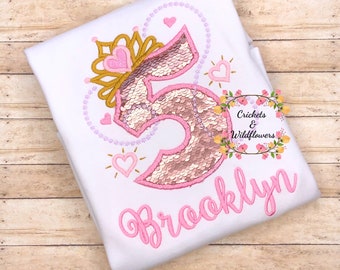 5th Birthday Shirt for Girl, Princess Birthday Shirt, Number with Crown Birthday Shirt, Girls 5th Birthday Shirt, Princess Birthday Party,