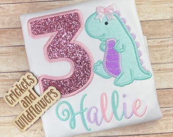 TRex Birthday Shirt for Girl, 3rd Birthday Shirt for Girl, 3rd Birthday Dino Shirt, Girly Dinosaur Birthday Shirt, Three-Rex Dinosaur Party