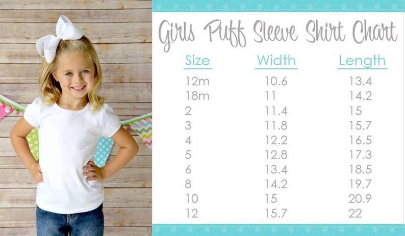 K&ouml;nnte beinhalten: Eine Tabelle mit den Gr&ouml;&szlig;en von Puff&auml;rmelshirts f&uuml;r M&auml;dchen mit den entsprechenden Breiten- und L&auml;ngenma&szlig;en in Zoll. Die Tabelle zeigt Gr&ouml;&szlig;en von 12 Monaten bis 12 Jahren.