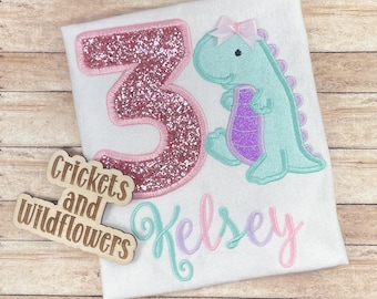 TRex Birthday Shirt for Girl, 3rd Birthday Shirt for Girl, 3rd Birthday Dino Shirt, Girly Dinosaur Birthday Shirt, Three-Rex Dinosaur Party