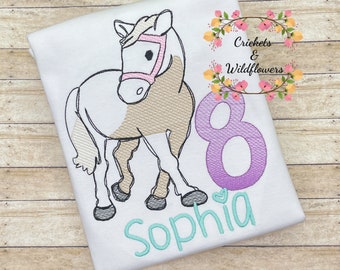 Horse Birthday Shirt, Horse Shirt for Girls, Pony with Flower Shirt, Riding Horse Birthday Shirt, 8th Birthday Shirt for Girls, Horseback