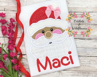 Santa Shirt for Girl, Christmas Shirt for Girl, Personalized Santa Shirt, Girly Santa Shirt, Santa with Bow Shirt, Christmas Outfit for Girl