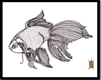 Gold Fish "Goldy" - Giclée digital print of hand drawn pen and ink original (frame not included)