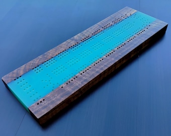 Handcrafted Walnut Cribbage Board: Purple Epoxy Resin & Metal Pegs