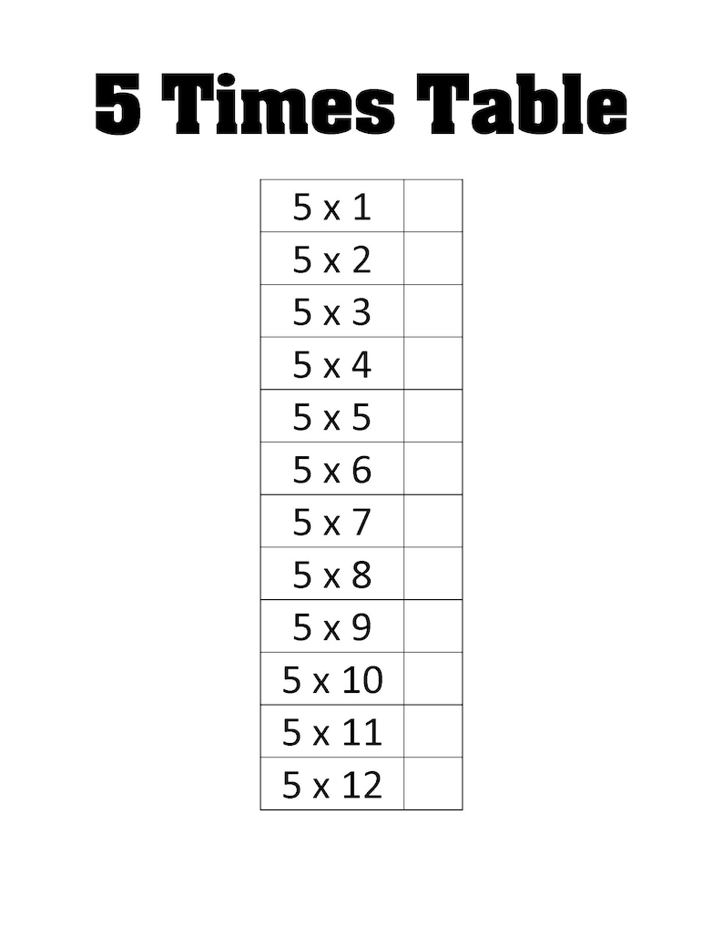 Printable 5x Multiplication Table Single Page Printouts Etsy Australia