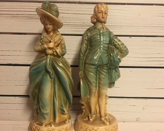 Vintage French chalkware lady and gentleman/Home decor/Collectible chalkware/French country decor/Made in Japan circa 1940