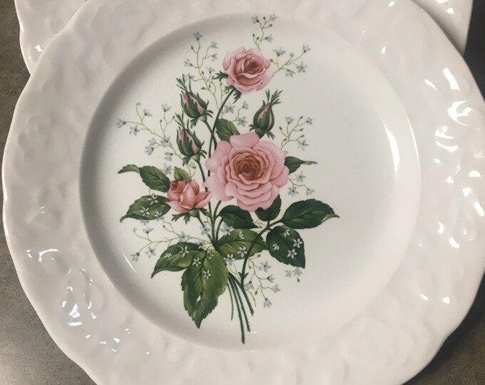 Set 6 White and Pink Floral Plates/ Vintage White Dinner Plates With