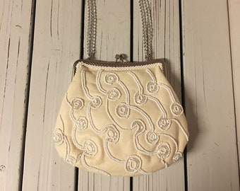 Leather and beaded white  evening bag: Cocktail purse/ wedding handbag/ prom purse