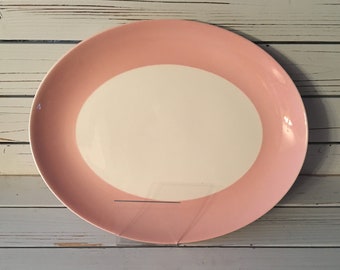 Vintage ecru platter with large pink border/ Entree platter/Replacement platter/Sunday dinner platter/Farmhouse ware/Kitchen decor/Serveware