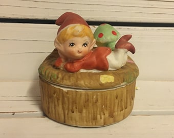 Small Homco china trinket box/ Ceramic elf trinket box/ Retro ceramic jewelry box/ Mid century ceramic box with elf