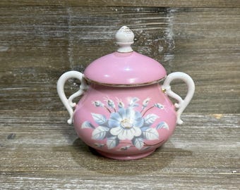Pink hand painted ceramic vintage sugar bowl