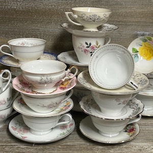 20 vintage  mismatched teacups with saucers/Garden party/ Madhatter tea party/ Alice in Wonderland/Spot of tea/ high tea/Wedding shower