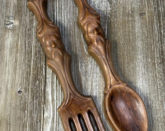 Vintage ceramic old man in the woods fork and spoon wall decor/ Kitchen decor/ Hanging fork and spoon/ Mid century