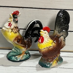 Vintage Wales kitchen mid century chicken and rooster pair made in Japan/Country rooster kitchen decor/Farmhouse decor/Shabby tabletop decor