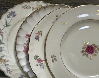 5 mismatched floral dinner plates/Vintage mismatched plates/ Garden party/Wedding ware/Bridal shower/Baby shower/Dinner party/ Supper plates