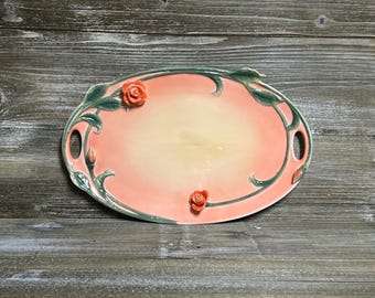 Vintage Sorelle ceramic rose platter/ A Rose is a Rose serving platter/ SZE7/ Coral pink high relief rose platter