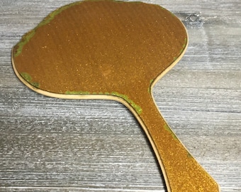 Vintage groen en bruin glinsterende celluloid handspiegel