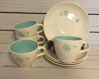 Taylor Smith Forever Yours Boutonnière/Mid century turquoise and white coffee cup set 4 cups w matching saucer/Coffee Bar/Retro Coffee cups