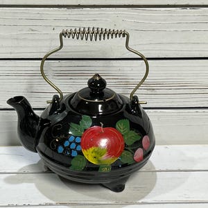 Vintage redware footed fruit teapot with metal handle made in Japan