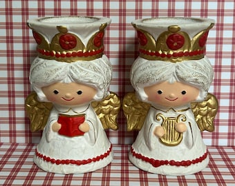 Vintage  mid century Christmas  angel candleholders/ Vintage Christmas decor/Ceramic angel candle holder pair