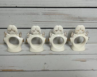 4 Vintage ceramic angel napkin rings/ Midcentury cream/gold Christmas angel napkin rings/Kitsch Christmas table decor/Holiday table accent