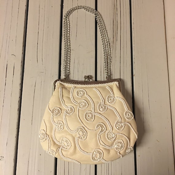 Leather and beaded white  evening bag: Cocktail p… - image 1