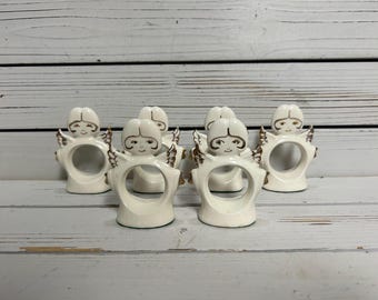 6 Vintage ceramic angel napkin rings/ Midcentury cream/gold Christmas angel napkin rings/Kitsch Christmas table decor/Holiday table accent