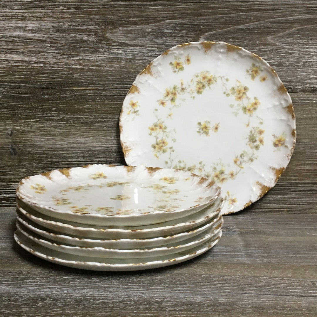 Set 6 Antique Limoge Salad Plates/ Antique Yellow Floral Salad Plates