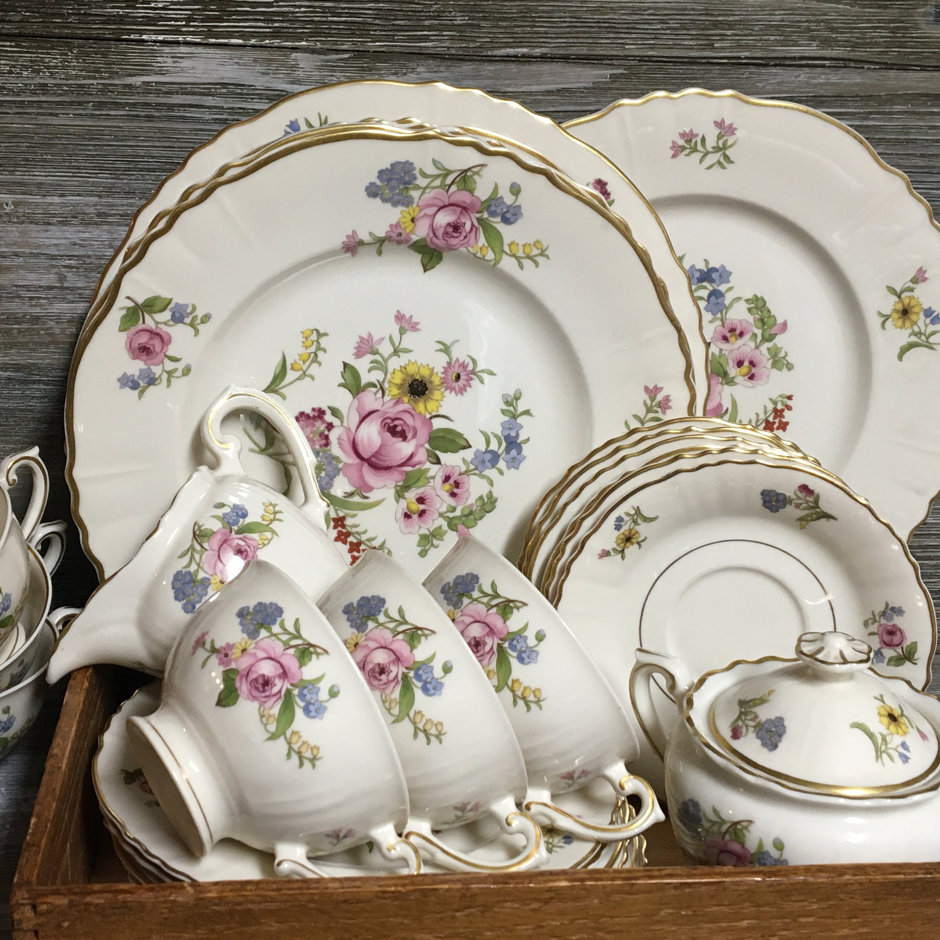 Minton 花柄 ボーンチャイナ皿 4枚セット Federal Shaped Portland Syracuse China Grouping / Midcentury