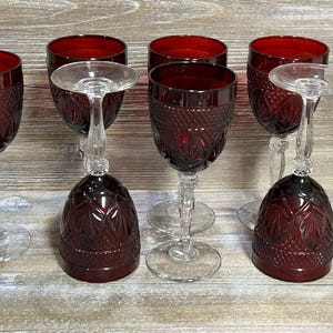 Set 7 vintage Crystal D’Arque Durand Ruby Red long stem wine glasses/Vintage crystal red long stem goblets made in France