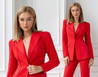 Red Pant Suit for Women, 2 piece Blazer & Trouser Wrinkle Free, Wedding Coat Suit, Business Formal Suit, Tailored Office Suit