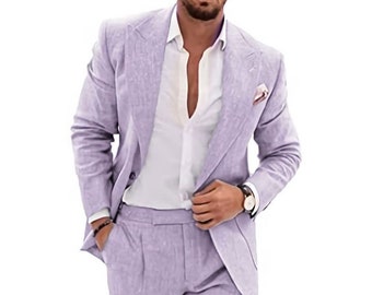 Linen Suit for Men Casual Slim Fit Vintage Suits Groomsmen Suits Wedding Summer Beach Blazer Pants Set, Levander Suit