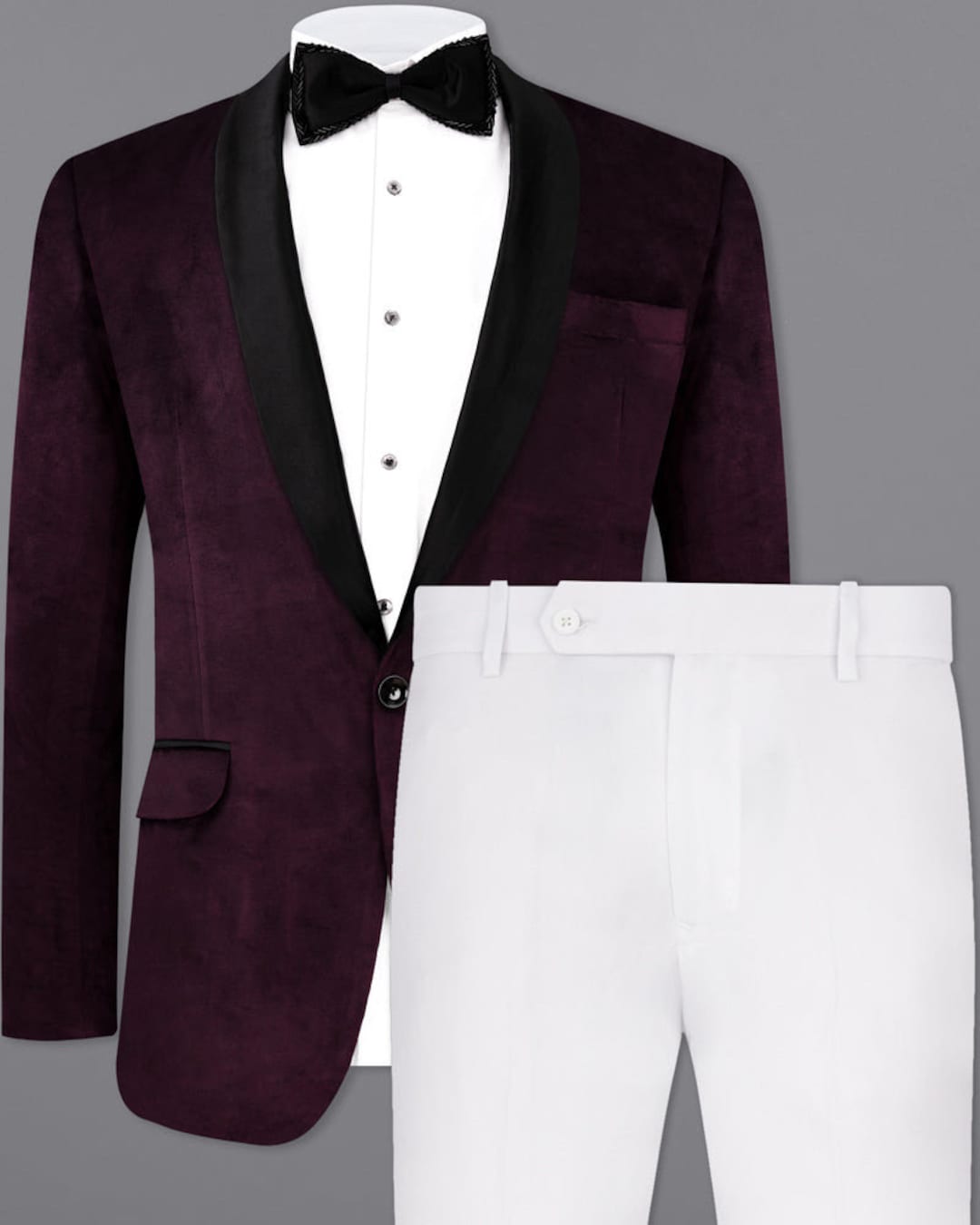 Luxury Velvet Suit, Purple French Style Velvet Coat With White Trouser, Men Weeding Prom 2 Piece