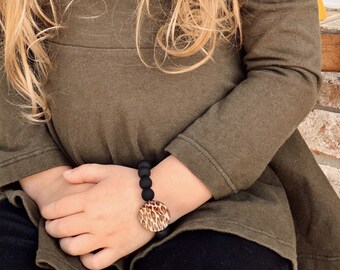 Toddler Black Matte and Leopard Print Beaded Stretch Bracelet | Kids Bracelets | Mommy and Me Jewelry | Black & Brown Jewelry | Animal Print