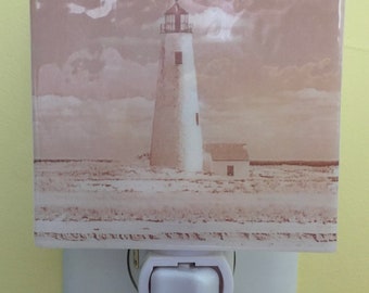 Light house nightlight, Nantucket night light, Great Point, fused glass, housewarming gift, home decor, lighthouse, gift, vintage look