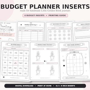 May include: A set of six black and white budget planner inserts for Little Golden Book journals, including a printing guide. Pages feature a weekly spend log, $500 savings challenge, mindful spending, no-spend bingo, sinking funds tracker, and piggy bank savings. Digital download, 6.4 x 8 inch inserts.