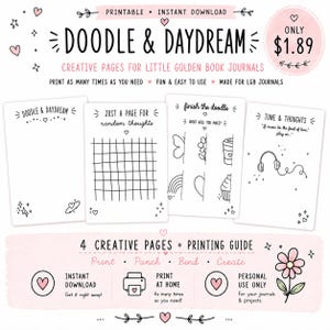 May include: Four printable journal pages featuring black line art on white backgrounds. The pages include headers like Doodle & Daydream, Just a Page for Random Thoughts, Finish the Doodle, and Tune & Thoughts, with various graphic elements.
