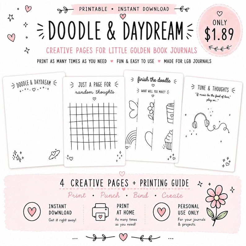 May include: Four printable journal pages featuring black line art on white backgrounds. The pages include headers like Doodle & Daydream, Just a Page for Random Thoughts, Finish the Doodle, and Tune & Thoughts, with various graphic elements.