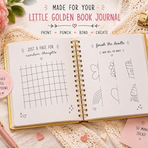May include: An open spiral-bound journal with white pages featuring black printed text and line art. The left page has a grid for thoughts, and the right page shows a finish the doodle activity with drawings of a butterfly, flower, cup, rainbow, heart, and cupcake.