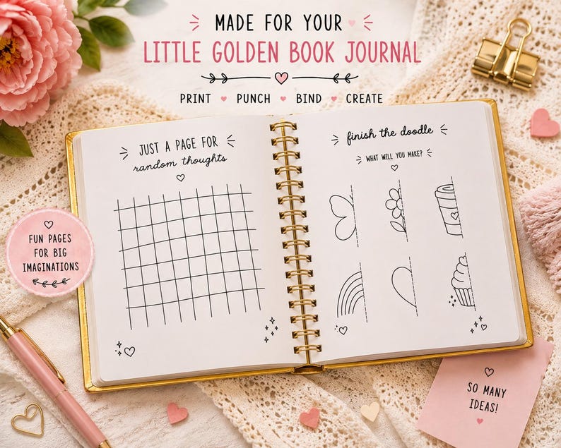 May include: An open spiral-bound journal with white pages featuring black printed text and line art. The left page has a grid for thoughts, and the right page shows a finish the doodle activity with drawings of a butterfly, flower, cup, rainbow, heart, and cupcake.
