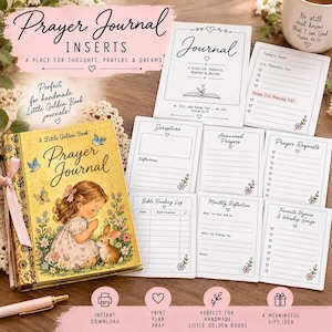 May include: A gold-covered prayer journal featuring a girl and a rabbit, accompanied by several white paper inserts with printed headings like Scripture, Answered Prayers, and Prayer Requests, alongside a pen and a mug with Psalm 46:10 text.