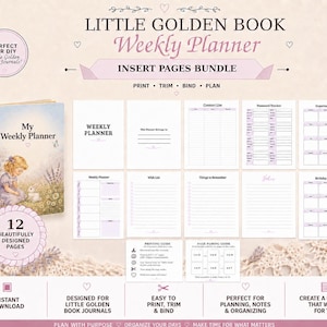 Peut inclure: Un ensemble de pages à imprimer pour agenda hebdomadaire Little Golden Book comprenant 12 pages. Inclut une couverture illustrée d'une fille et d'un lapin, ainsi que des modèles pour contacts, mots de passe, dates, souhaits et anniversaires.