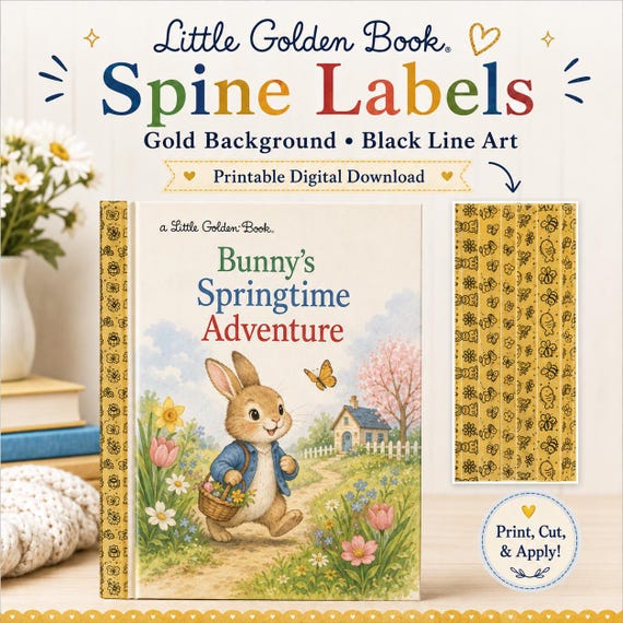 Little Golden Book Style Label Printable | Vintage Gold Book Cover Paper | Junk Journal Printable | Digital Download | Bookbinding Supply