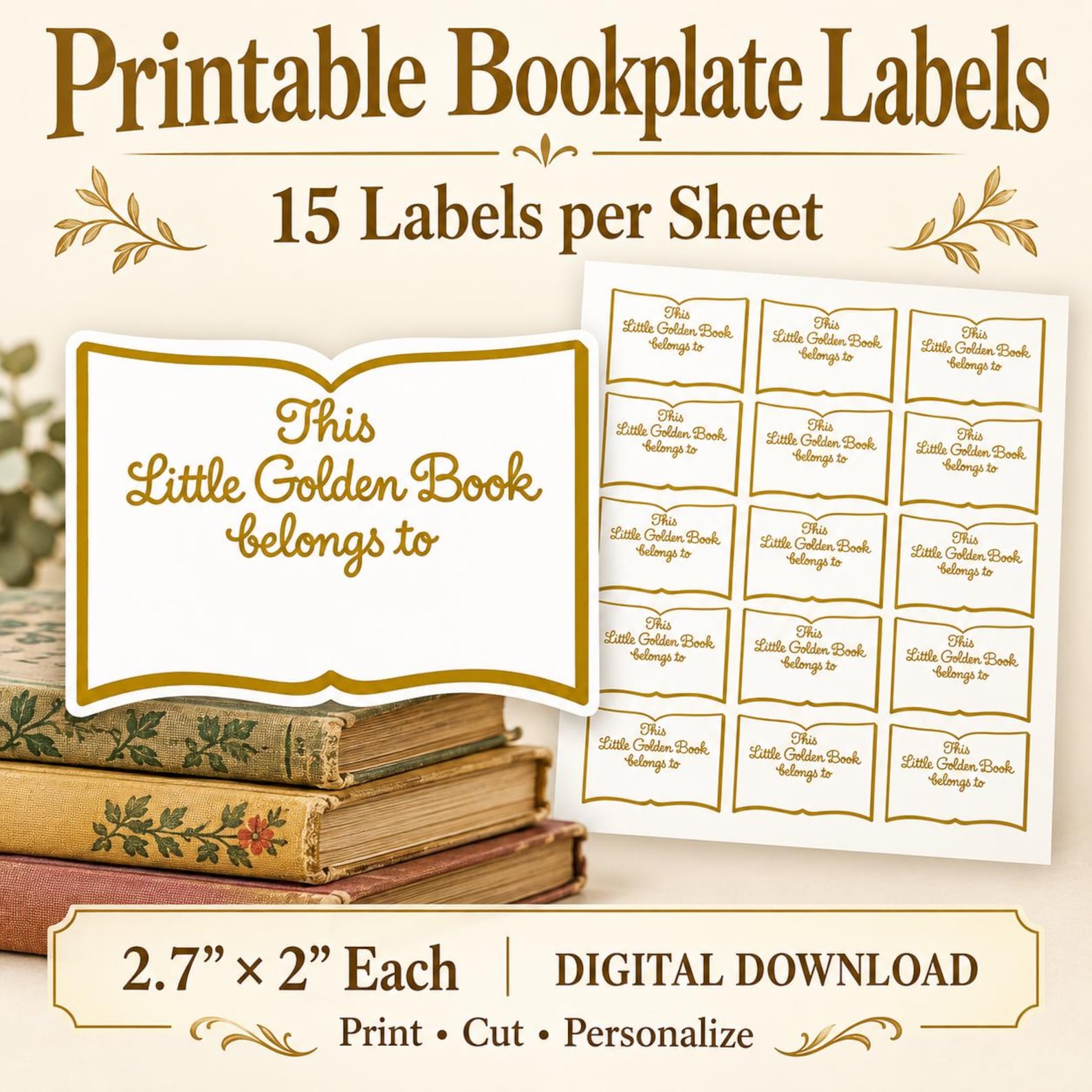 Mini Book Labels Gold Bookplate Labels: 2.7x2 Inch Open-book Design for Journals ...