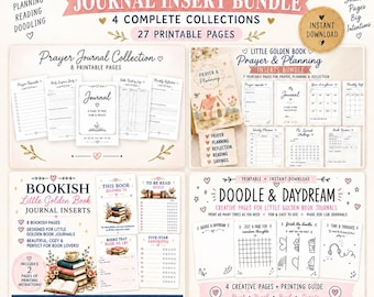 May include: A digital bundle of Little Golden Book journal inserts featuring 27 printable pages across four collections: Prayer Journal, Prayer and Planning, Bookish Journal Inserts, and Doodle and Daydream, including various templates for planning.