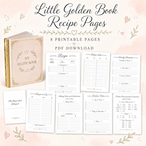 May include: A set of 8 printable recipe pages featuring a pink book cover with gold text reading My Recipe Book. The pages include sections for recipes, an index, family favourites, baking notes, kitchen notes, and measurements in metric units.