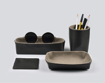 Desk Organization Set, PU Leather Waxed Canvas Desk Organizer - Storage Box, Pencil Holder, Desk tray, Coaster, Set of 4 items, Space Black