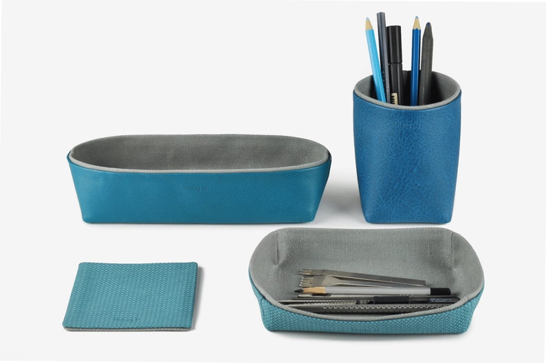 Desk Organization Organizer Set Pencil Holder Storage Box Tray Coaster Of 4 Items Navy Blue