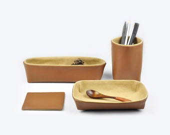 Desk Organizer Set of 4 Items Office Organization Home Décor Gifts - Storage Box Pencil Holder Desk Tray Coaster, Brown