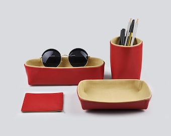 Desk Organization, Organizer Set of 4 items, Pencil Holder for Desk, Storage Box, Tray, Coaster, Red